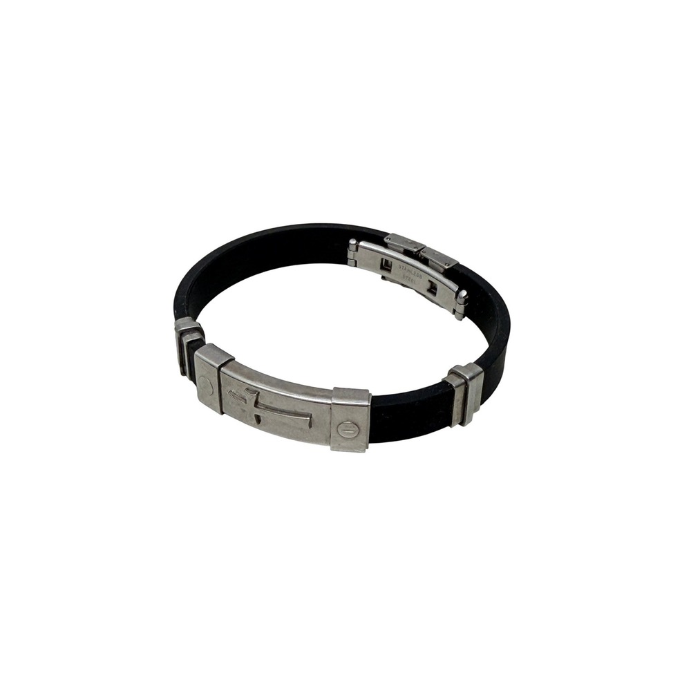 Black Stainless Steel Cross ID Link Bracelet Silver Tone 8.5 In